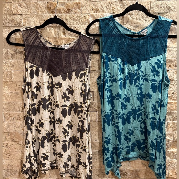 Kismet Tops - Kismet Teal & Black Floral Lace-Yoke Tank Tops (Pair) 2 tops